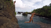 rebecca jumps into venus pool